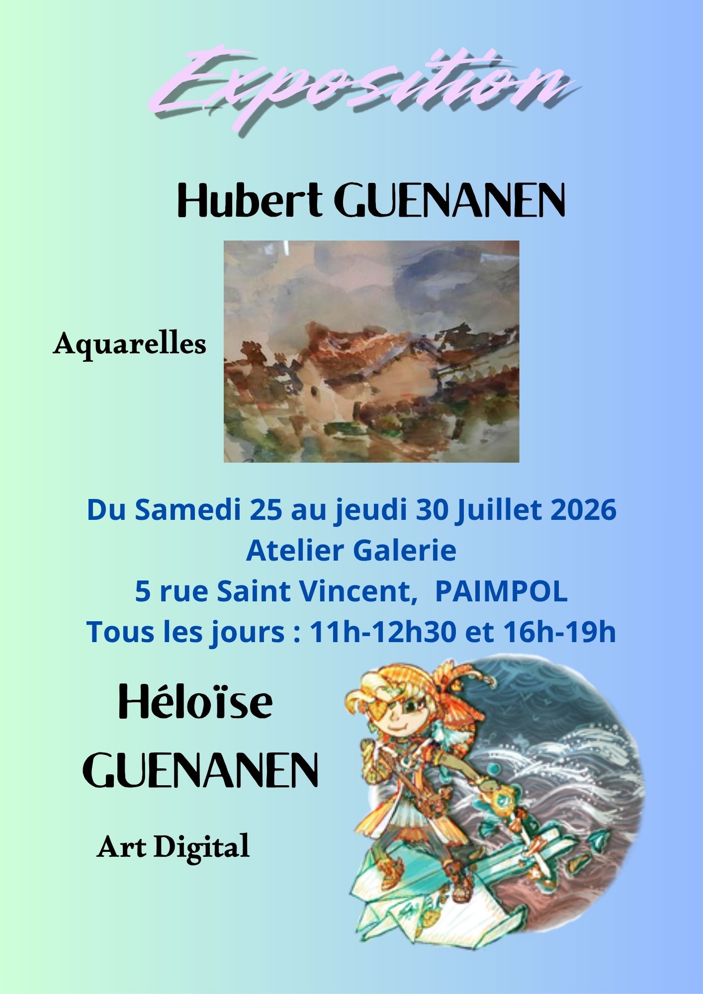 Affiche présente une aquarelle d'Hubert et une production digital d'Héloïse